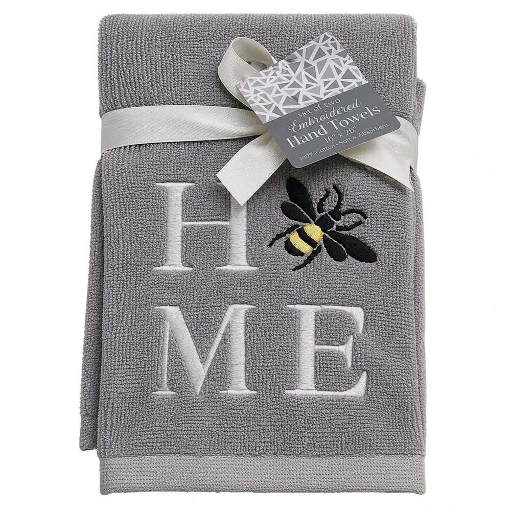 Bumble Bee Home Hand Towels Embroidered Bathroom Gray Shabby Chic Set of 2